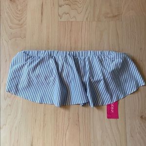 Blue and white ruffle striped bando bikini top